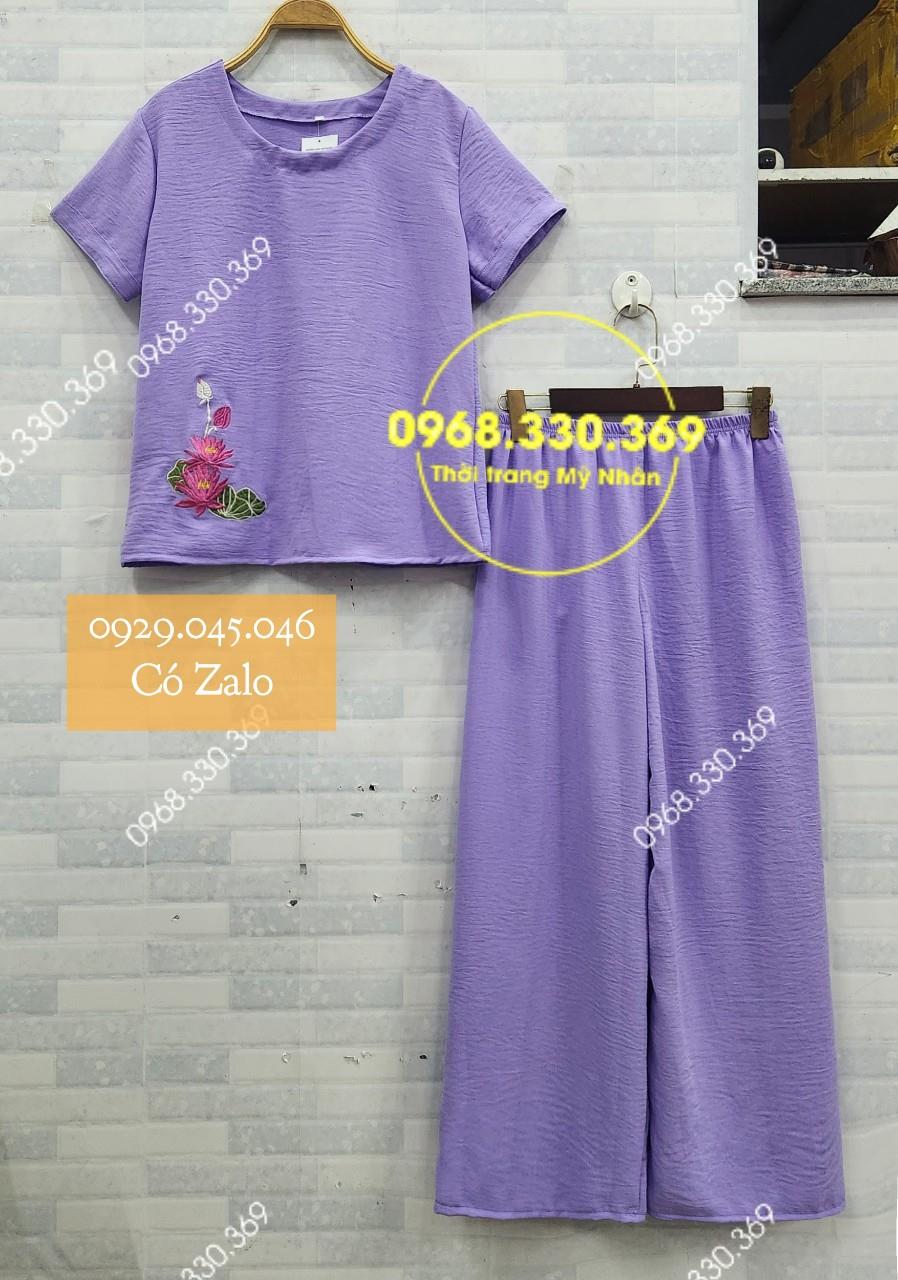 [40-70kg] Đồ bộ trung niên nữ vải đũi quần dài ống rộng hàng đẹp cao cấp - PN158463